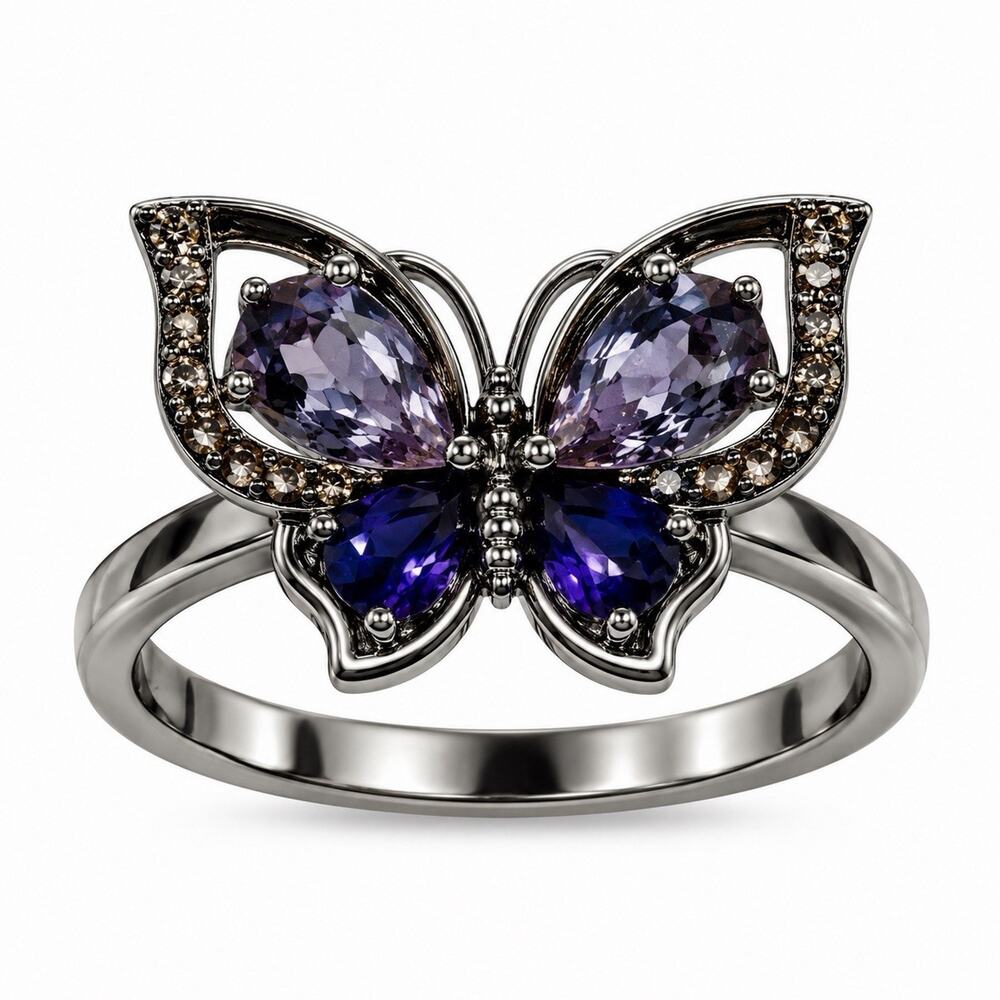 Butterfly 925 Sterling Silver 10K Rose Gold Amethyst Iolite Beryl Ring Size 7